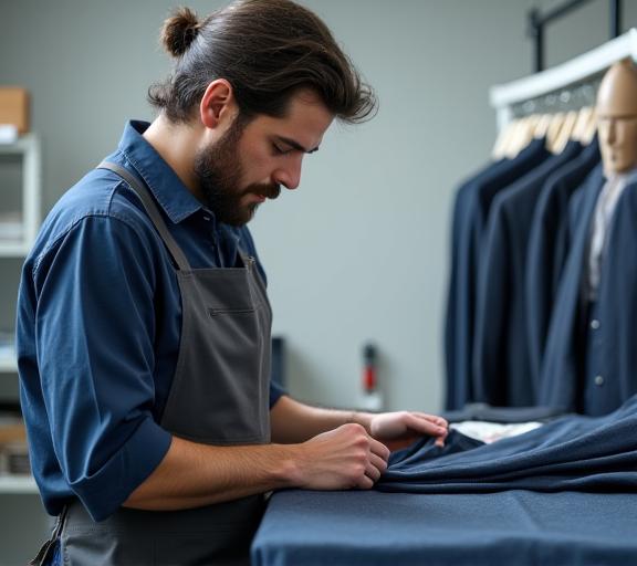 Artisan expert examinant un vêtement dans l'atelier de BleuLinge à Lyon